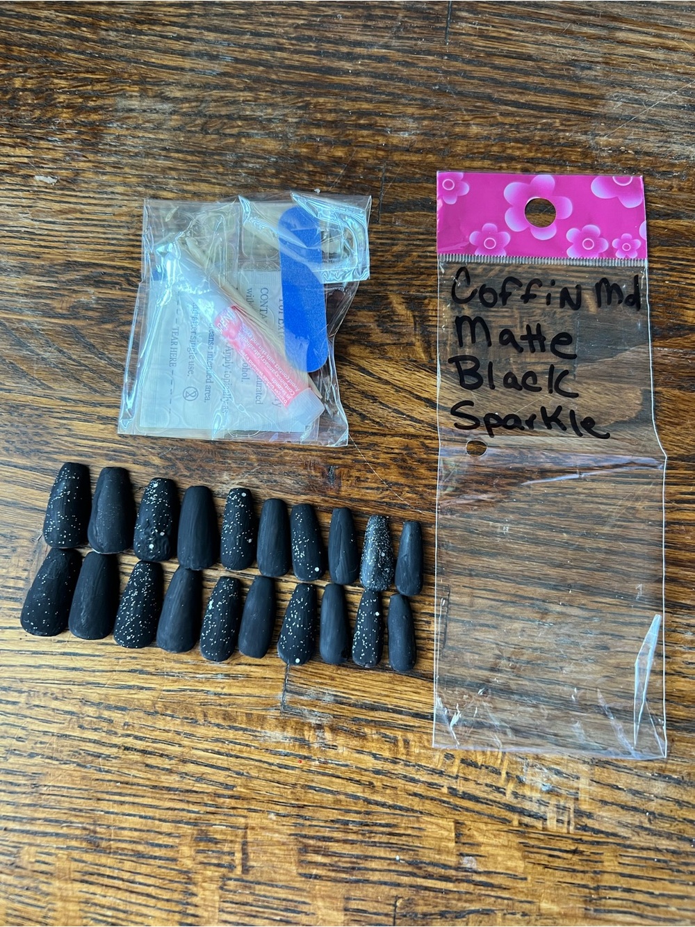 Coffin Matte Black Sparkle Press-On Nails - Women's Salon Set